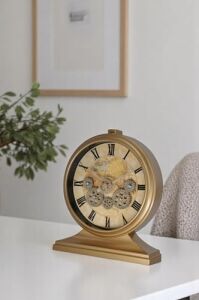 Premium Serisi Modern Kadranlı Döner Çarklı 32X28 cm Ev ve Ofis Masa ve Duvar Saati Roma Rakamlı Harita Baskılı Gold