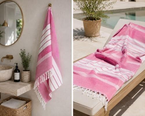 Pembe Beyaz Şeritli Yıkanmış Pamuk Peştemal