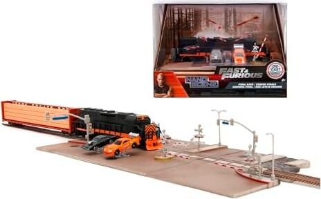 Jada Toys Hızlı ve Öfkeli Tren Sahnesi - Diorama 2 Nano Model Araba (Dodge Charger ve Toyota Supra), Tren ve Hızlı ve Öfkeli Filminin Final Yarış Sahnesi Için Aksesuarlar Dahil, 8 Yaş ve Üzeri