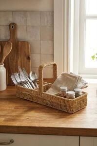 3 Bölmeli Hasır Sepet Organizer Saplı, Mutfak Banyo Ofis Çok Amaçlı Düzenleyici, Plastik Rattan Kaşıklık Sepeti, 40X13X17 cm