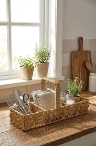 3 Bölmeli Hasır Sepet Organizer Saplı, Mutfak Banyo Ofis Çok Amaçlı Düzenleyici, Plastik Rattan Kaşıklık Sepeti, 40X13X17 cm