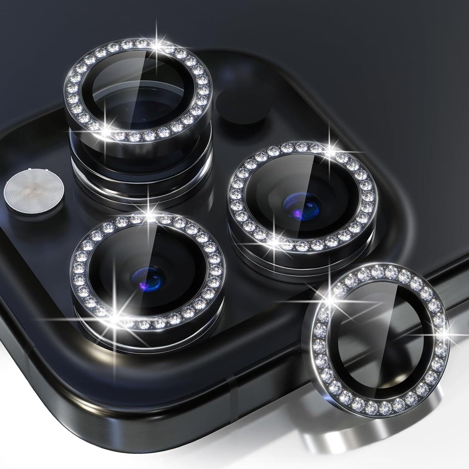 iPhone 15 Pro,15 Pro Max Için, Taşlı, Kamera Lens Koruyucu, Basit Kurulum, Hd Görüntü, Metal Çerçeve, 9h Temperli Cam, Çizilmeye Dayanıklı, Diamond Camera Lens Protector (Siyah)
