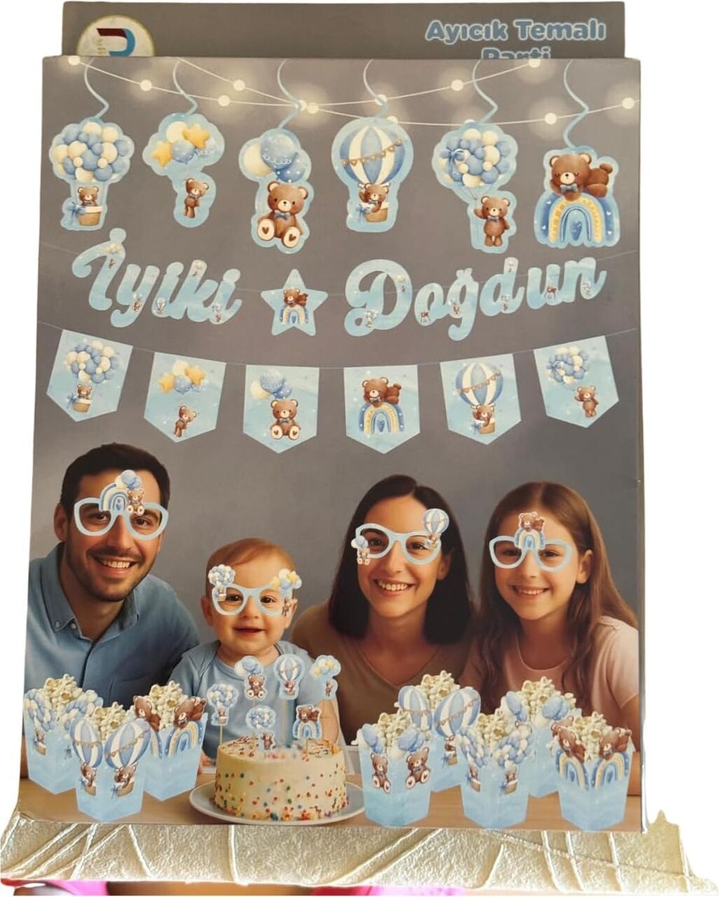 Jl Ayıcık Temalı Doğum Günü Parti Seti, Mavi, 29 Parçalı, Banner, Tavan Sarkıt, 3D Gözlük, Pasta Figürü ve Mısır Kutusu (Mavi, Doğum Günü Konseptli Dekorasyon Paketi)