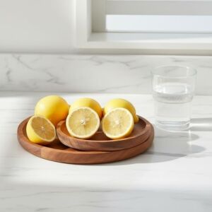 2'li Doğal Akasya Ahşap Yuvarlak Servis Tabağı ve Çerezlik Seti – 12 cm ve 15 cm Kahvaltılık, Sosluk ve Sunum Kasesi (Ikili Takım)