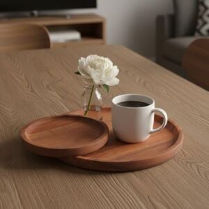 2'li Doğal Akasya Ahşap Yuvarlak Servis Tabağı ve Çerezlik Seti – 12 cm ve 15 cm Kahvaltılık, Sosluk ve Sunum Kasesi (Ikili Takım)