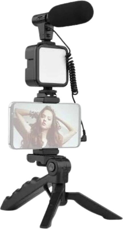 Tripod Telefon Tutucu Kumandalı Mikrofon LED Işık Vlog Video Kayıt
