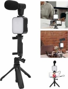 Tripod Telefon Tutucu Kumandalı Mikrofon LED Işık Vlog Video Kayıt