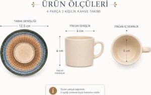 Kahve Fincan Takımı, Elegance Desenli 4 Parça 2 Kişilik Seramik, Seramik Kahve Takımı, 4 Parça Kahve Seti, Şık Desenli Seramik Türk Kahvesi Fincan Seti, Premium Seramik Kahve Seti, Modern Kahve Seti
