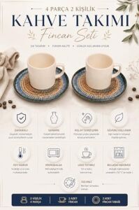 Kahve Fincan Takımı, Elegance Desenli 4 Parça 2 Kişilik Seramik, Seramik Kahve Takımı, 4 Parça Kahve Seti, Şık Desenli Seramik Türk Kahvesi Fincan Seti, Premium Seramik Kahve Seti, Modern Kahve Seti
