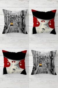 Tramvay ve Şapkalı Modern Kadın Gizli Fermuarlı Kırlent Kılıfı Koltuk Yastık Kılıfı TAKIM(4ADET), Gri-Bordo 45 x 45