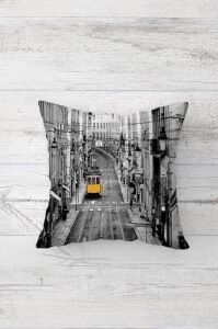 Tramvay ve Şapkalı Modern Kadın Gizli Fermuarlı Kırlent Kılıfı Koltuk Yastık Kılıfı TAKIM(4ADET), Gri-Bordo 45 x 45