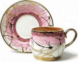 6 Kişilik Lüks Porselen Pembe Ton Altın Yaldızlı Kahve Fincan Seti - 100 ml