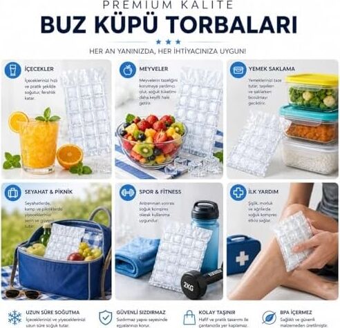 Buz Küpü Torbası - Pratik Doldurulabilir Buz Yapma Poşeti Sızdırmaz Tek Kullanımlık Buz Küpleri Soğuk Kompres Içecek Soğutma Hızlı ve Hijyenik Çözüm Ev Piknik Kamp Parti Plaj Ofis (20)