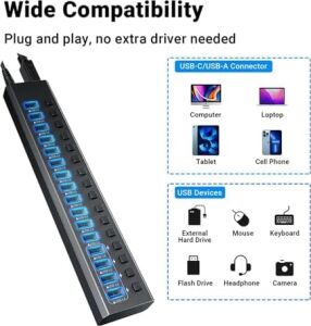 Profesyonel USB Hub 16 Portlu USB 3.0 Type-C 5gbps Hızlı Şarj Bireysel Açma Kapama Anahtarları 12V Dc 7.5A Güç Adaptörü Telefon Şarj Dizüstü Bilgisayar Mobil HDD Flash Sürücü PORT16