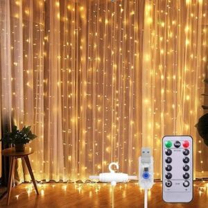 LED Işık 5 Metre Sarı Işık Kornişe Takılabilir Aydınlatma – USB Girişli, Bakır Telli, 10 Halkalı Tasarım, Perde Asma Aparatlı ve Uzaktan Kumandalı Dekoratif Işık Zinciri