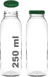 250 ml Şeffaf Hale Cam Şişe, Yeşil Metal Kapaklı, Meyve Suyu ve Içecekler Için, 250 Cc, Yerli Üretim, 15 Adet
