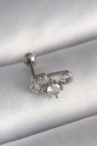 316L Çelik Gümüş Renk Zirkon Taşlı Toplu Iğne Tragus Piercing