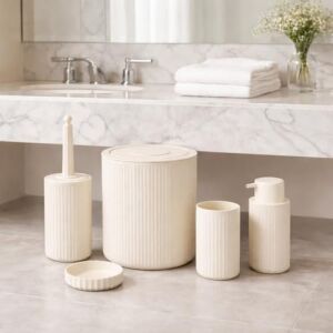 5’li Limon Rengi Banyo Seti – Çöp Kovası, Sıvı Sabunluk, Diş Fırçalık, Sabunluk ve Wc Fırçası – Modern Çizgili Şık Tasarım