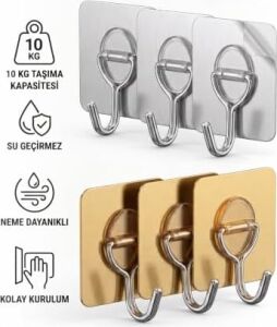Yapışkanlı Askılık Seti, 3'lü, Gümüş ve Bronz Renk, 10 kg Taşıma Kapasiteli, Kolay Montaj (Bronz)