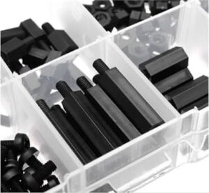 Htf 180 Adet M3 Plastik Distans Vida Somun Seti Siyah Aralıyıcı Stand Off 8 Çeşit Şeffaf Çantada