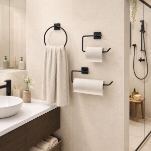 3’lü Siyah Banyo Seti, Yapışkanlı ve Vidalı Montajlı Havluluk, Tuvalet Kağıtlığı, Yuvarlak Havluluk ve Kağıt Havluluk Seti