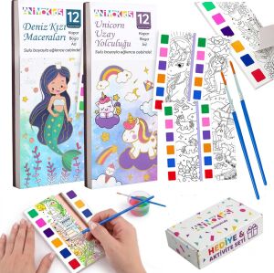 Animokids Sulu Boya Defteri Seti (2 Kitap + 2 Fırça) - Kendin Yap Kitap Ayracı, Her Sayfada Entegre Boya Paleti - Çocuklar ve Yetişkinler Için Hediye Aktivite Seti (Deniz Kızı-Unicorn)
