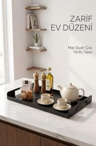 Metal Çay Tepsisi Siyah Sunum Tepsisi Servis Tepsisi Dikdörtgen Dekoratif Tepsi Kahve Çay Servis Tepsisi Mutfak Banyo Organizer Tepsi
