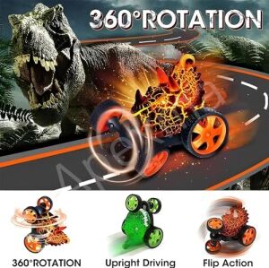 Oyuncak Uzaktan Kumandalı 360° Hareket Edebilen Pilli Işıklı Dinozor Araba - Kumandalı Oyuncak Akrobat Araba (K-Kırmızı)