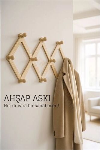 Ahşap Akordeon Duvar Askısı - Dekoratif, Çok Amaçlı, 10 Kancalı Akıllı Askılık 722371