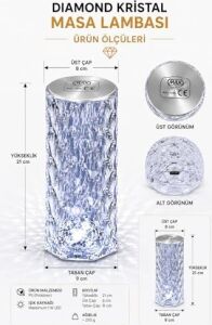LED Şarjlı Masa Lambası, Kristal Masa Lambası, Dıamond Masa Lambası, Kablosuz, 3 Farklı Renk Değişimi, Modern, Estetik, Taşınabilir, Karavan, Düğün, Nişan, Davet, Organizasyon, Bahçe Masa Lambası