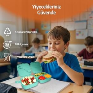 Bölmeli Beslenme Kutusu, Çocuk Kahvaltı Saklama Kabı, Öğrenci Okul Piknik Kamp Iş, Öğle Yemeği Yiyecek Koyma Çantası (Açık Mavi - Resimsiz)