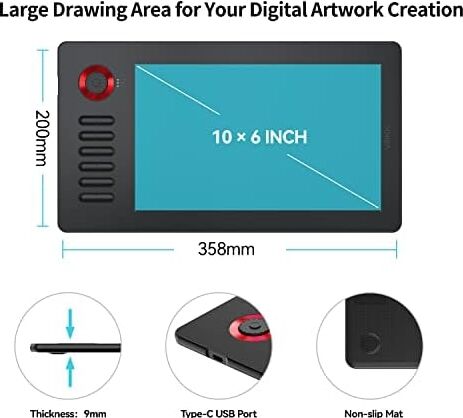A15 Pro 10X6 Inç Profesyonel Grafik Tablet, 8192 Seviye Pilsiz Kalem, 12 Kısayol Tuşu ve Döner Kontrol Düğmesi, Windows/mac/android Uyumlu