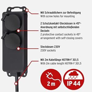 IP44 Priz Dağıtıcısı, 2'li (Şantiye Kullanımı ve Açık Havada Sürekli Kullanım Için Çoklu Priz, 2 M Kablo) Siyah