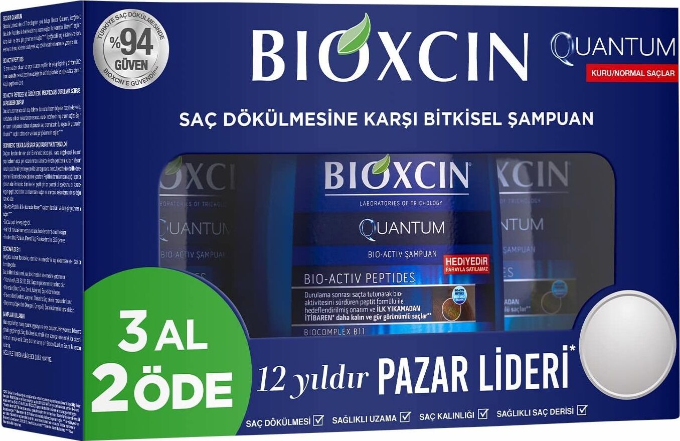 Quantum Şampuan – Kuru ve Normal Saçlar Için – 3X300 ml – Dökülme ve Incelme Karşıtı – Bio-Activ Peptit, Biocomplex B11, Bal ve Mentol Içerikli