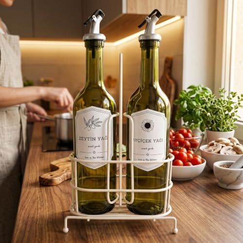 750 ml 2’li Yağdanlık Seti ve Beyaz Metal Stand, Zeytinyağı Ayçiçek Yağı Şişesi, Sızdırmaz Kapaklı Cam Yağlık Sirkelik, Dökme Başlıklı Mutfak Yağlık Sosluk Takımı
