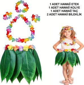Çocuk Hawaii Kostüm Seti - Yaprak Etek & Hawaii Set - 5 Parça