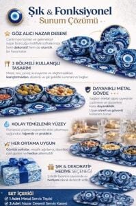 3’lü Nazar Boncuk Desenli Çerezlik ve Sosluk Seti,metal Sunum Tepsili Mavi Desen Servis Kasesi Takımı, Atıştırmalık ve Kahvaltılık Sunum Seti
