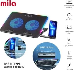 Mila Serisi M2 R-Type Rgb Işıklı, 2 Büyük Fan, Telefon Standı,2 USB Notebook Soğutucu Stand