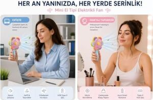 Mini El Fanı USB Şarjlı Type-C Bağlantılı 3 Kademeli Taşınabilir Elektrikli Fan Masaüstü ve El Tipi Kullanım Renk Serinletici Fan Mavi Pembe Sarı Papatya
