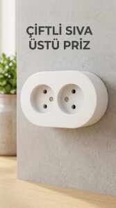 Ikili Beyaz Topraklı Priz Modern Sıva Üstü Tasarım Duvar Elektrik Prizi