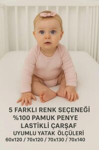 %100 Pamuklu Bebek Lastikli Çarşaf - Penye Kumaş - Park Yatak | 60X120 | 70X110 | 70X120 | 70X130 | 70X140 | Krem | Beyaz | Gri | Pembe | Mavi (Krem)