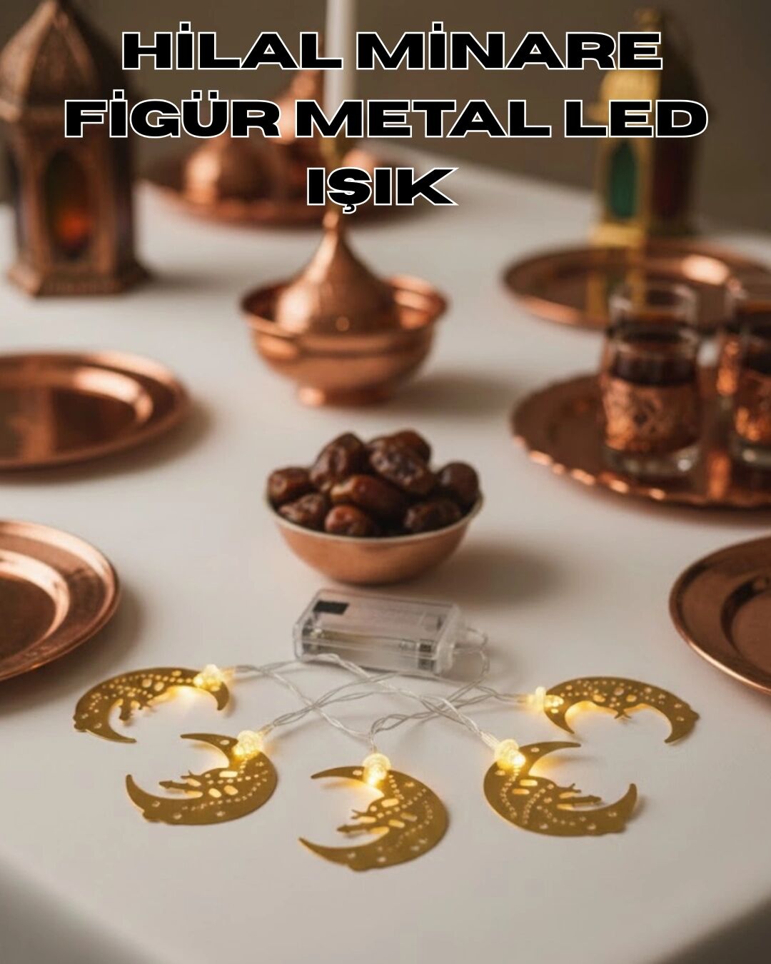 Minareli Hilal LED Işık Gold Metal Gövdeli Pilli Ramazan Dekoru