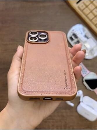 Premium Deri Dokulu Darbelere Karşı Dayanıklı Nazal Silikon Kılıf Kahverengi Iphone 14 Pro Max ile Uyumlu