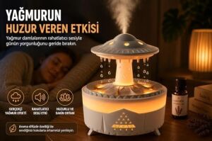 Yağmur Efektli Hava Nemlendirici – Ultrasonik Buhar, Sessiz Çalışma, 7 Renk LED Işık, Zaman Ayarlı (2h/4h/8h), Otomatik Kapanma, Aromaterapi Uyumlu