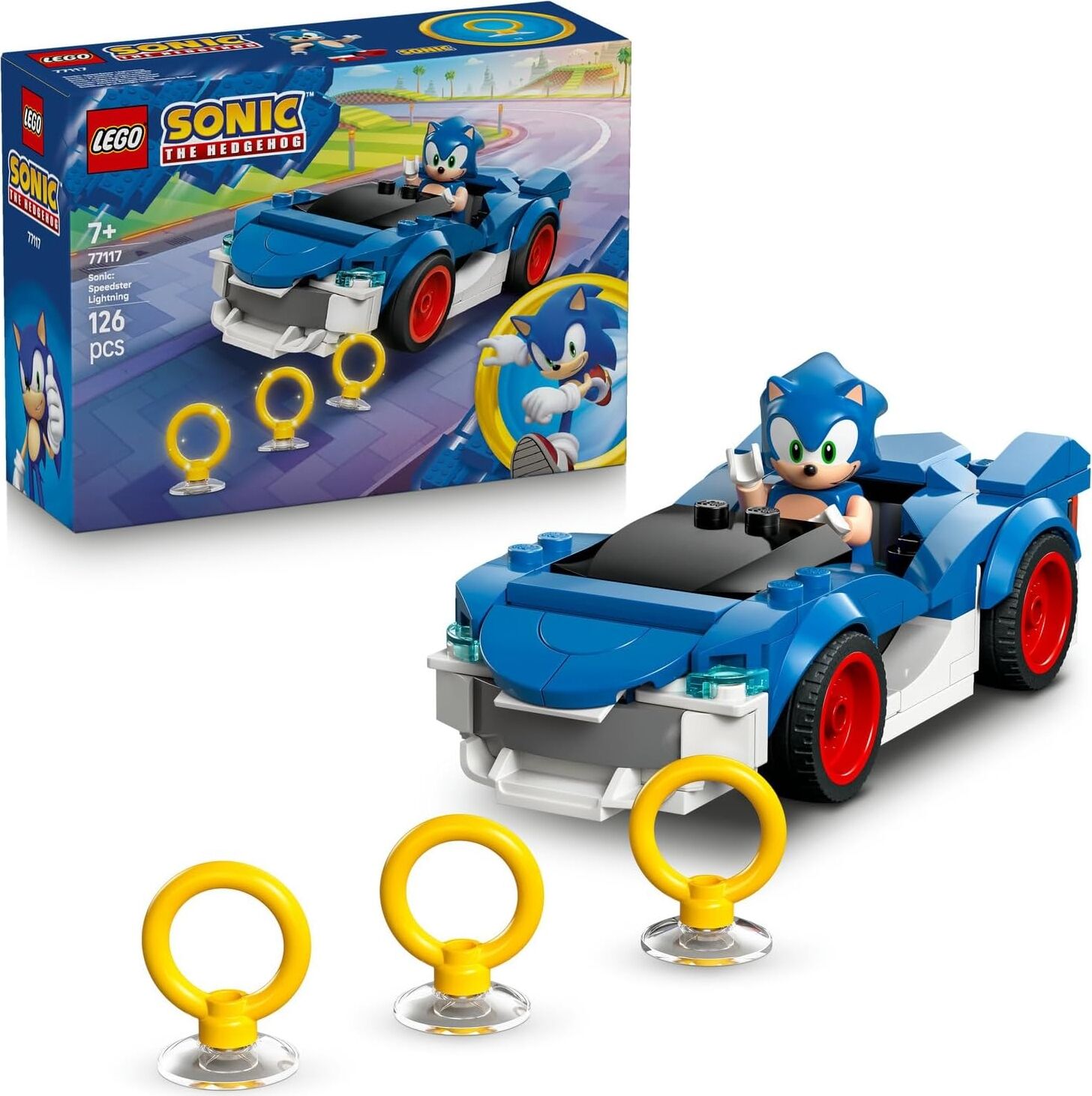 The Hedgehog : Şimşek Araba 77117 – 7 Yaş ve Üzeri Çocuklar Için Yaramaz Yüz Baskılı  Minifigürü ve 3 Altın Yüzük Içeren Yaratıcı Oyuncak Yapım Seti, Hediye Fikri (126 Parça)