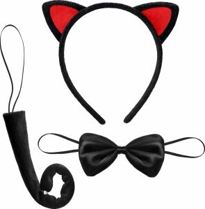 Kırmızı Kulaklı Kedi Kostüm Seti – Taç Papyon Kuyruk 3 Parça
