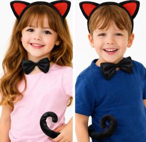Kırmızı Kulaklı Kedi Kostüm Seti – Taç Papyon Kuyruk 3 Parça