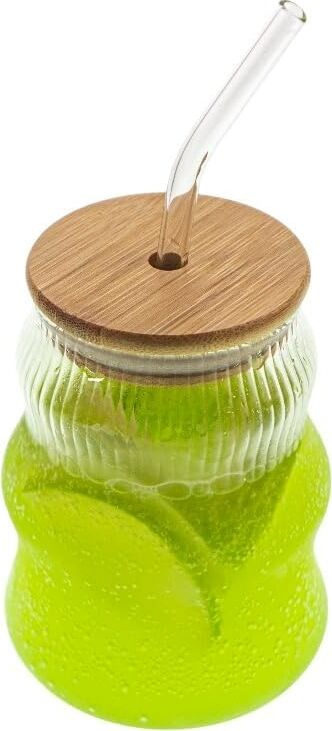 500ML Bambu Kapaklı Cam Bardak, Cam Pipetli Silikon Kapak Contalı Ince Çizgi Desenli Sıcak Soğuk Içecekler Için Kahve Meyve Suları ve Çayları Için Ergonomik Şık Tasarım