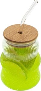 500ML Bambu Kapaklı Cam Bardak, Cam Pipetli Silikon Kapak Contalı Ince Çizgi Desenli Sıcak Soğuk Içecekler Için Kahve Meyve Suları ve Çayları Için Ergonomik Şık Tasarım