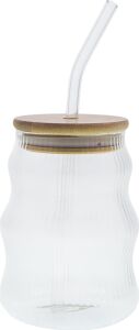 500ML Bambu Kapaklı Cam Bardak, Cam Pipetli Silikon Kapak Contalı Ince Çizgi Desenli Sıcak Soğuk Içecekler Için Kahve Meyve Suları ve Çayları Için Ergonomik Şık Tasarım